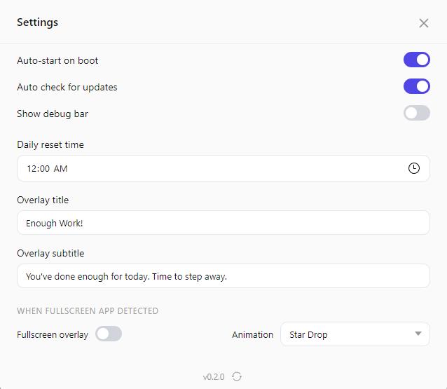 Settings panel